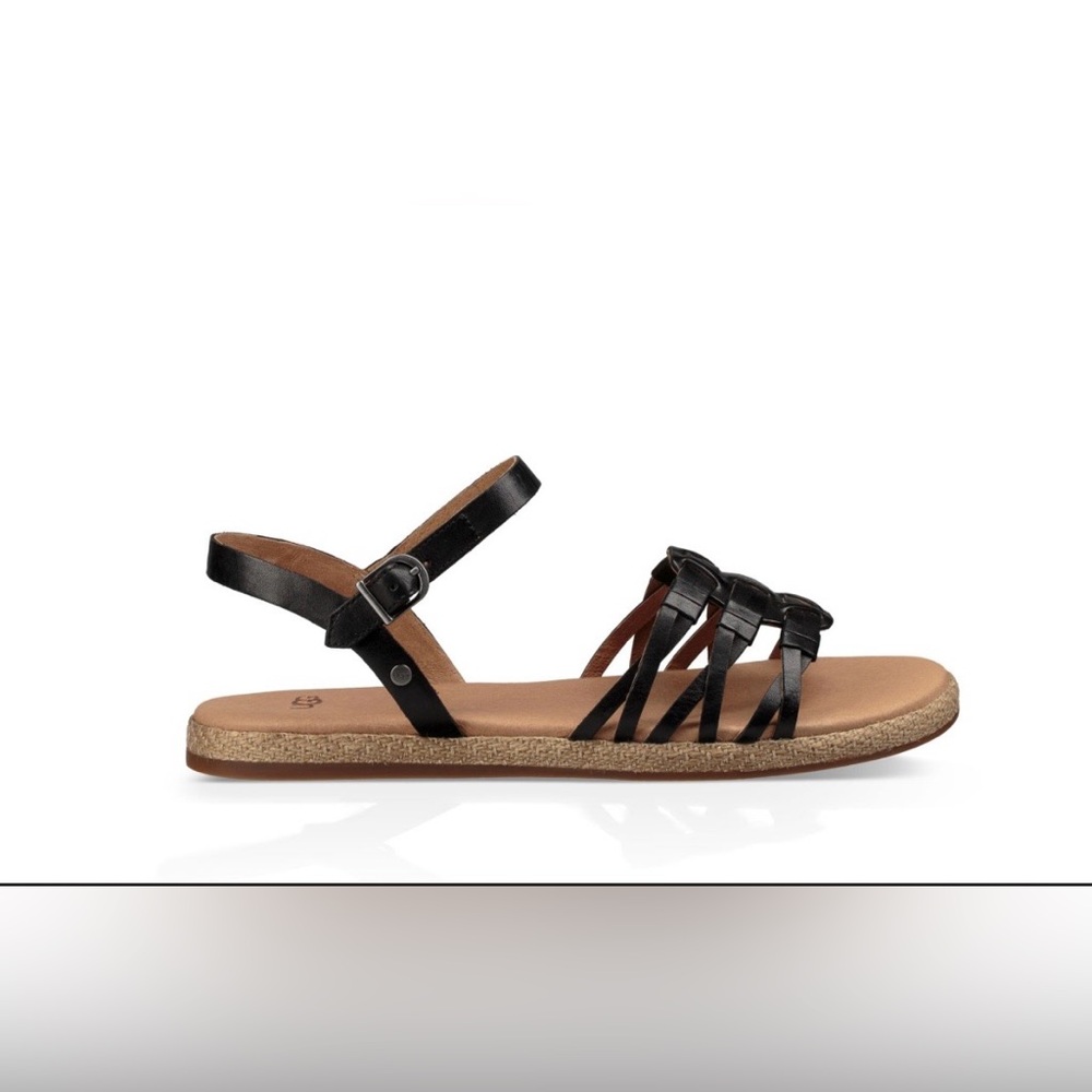 UGG Larisa Sandals Women’s Size 6 Black Leather Strappy Comfort Flat - Picture 3 of 5